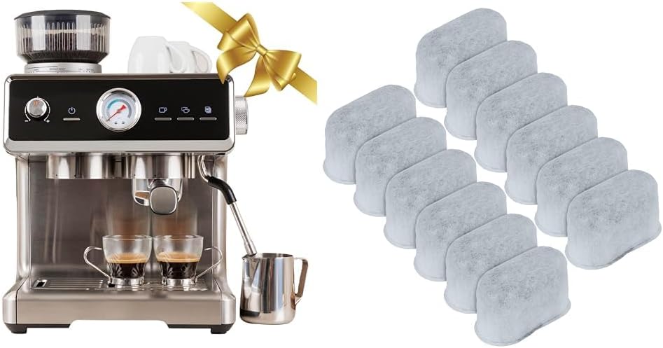 Kenmore Elite Espresso Machine Automatic Tamp With Grinder Milk Frother Stainless Steel & Kenmore/Keurig/Cuisinart/Braun compatible replacement charcoal water filter 12 Pack pure