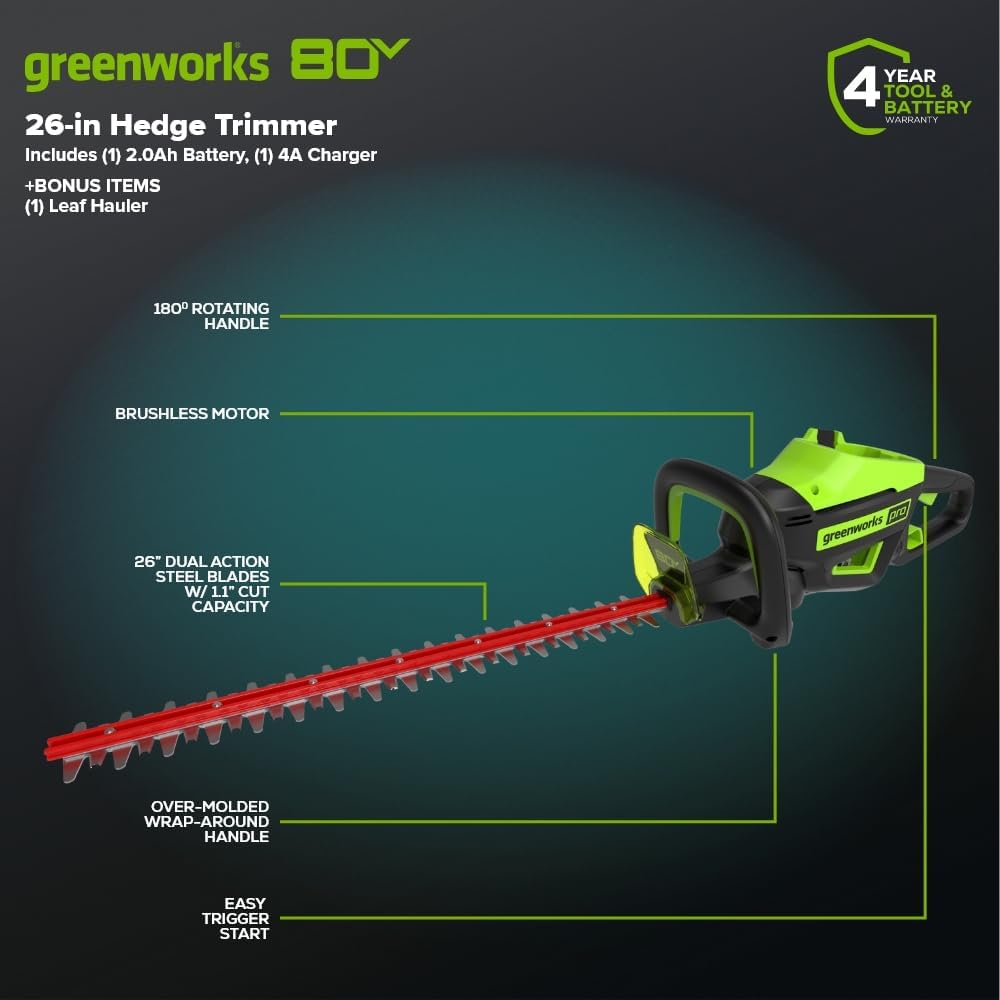 Greenworks PRO 80V 26'' Rotating Handle Hedge Trimmer Cordless, Includes 2.0Ah Battery and Charger, Brushless Landscaping Tool, Dual Action Blades
