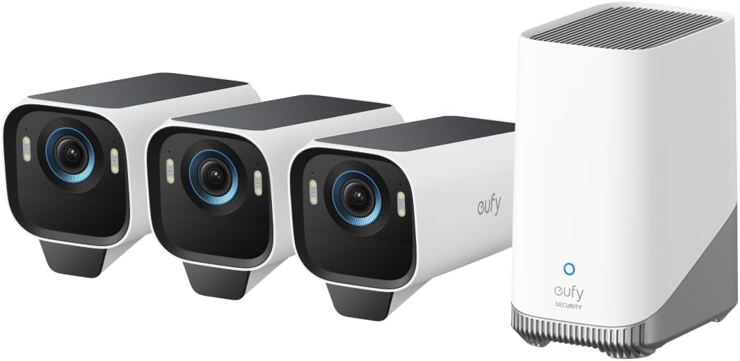 eufy Security eufyCam S3 Pro 3-Cam Kit, Solar Camera Outdoor Wireless, MaxColor Night Vision, 4K Security Camera with Solar Panel, Face Recognition AI, Local Storage, No Monthly Fee (Renewed)
