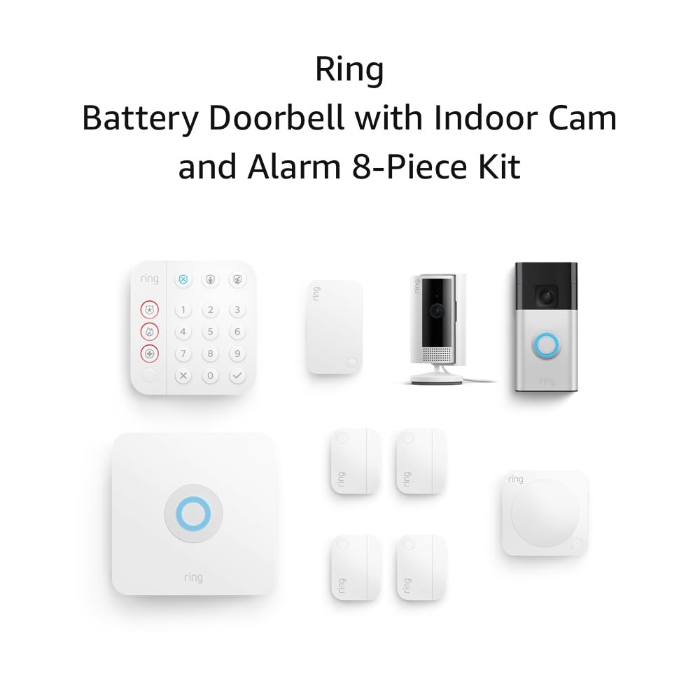 Battery Doorbell (Venetian Bronze) with Indoor Cam (White) and Alarm 8-Piece (White)