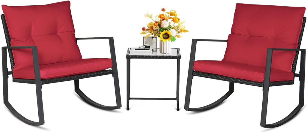 SUNCROWN 3 Piece Outdoor Rocking Bistro Set Black Wicker Furniture Porch Chairs Conversation Sets with Glass Coffee Table, Red