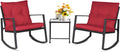 SUNCROWN 3 Piece Outdoor Rocking Bistro Set Black Wicker Furniture Porch Chairs Conversation Sets with Glass Coffee Table, Red