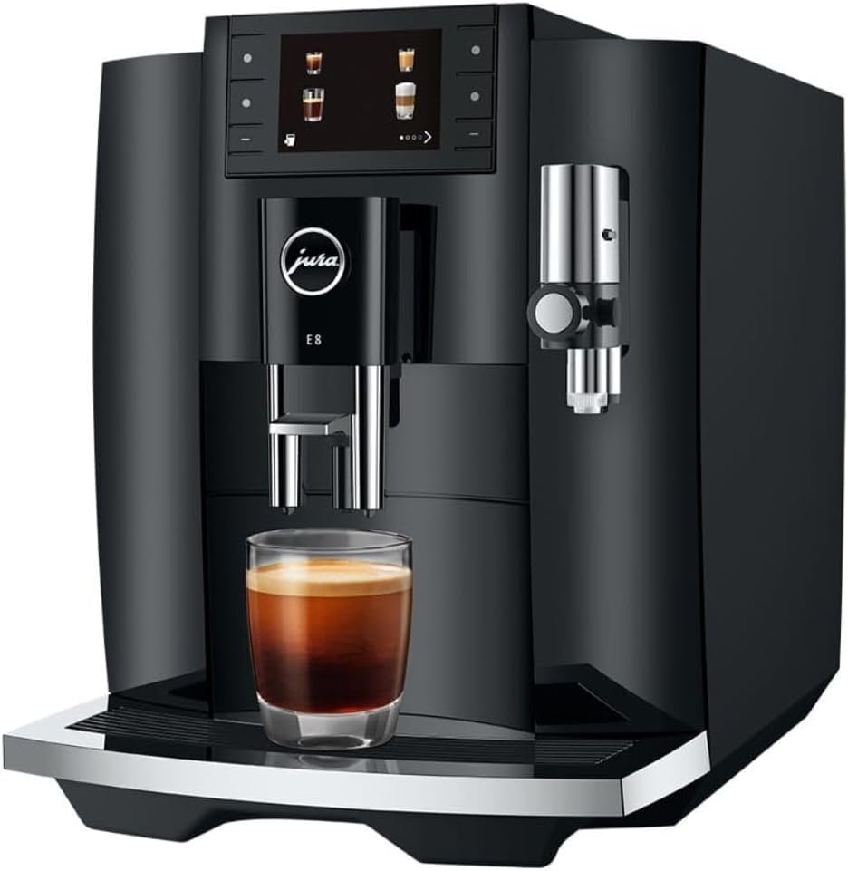 Jura E8 Automatic Coffee Machine with 17 Coffee Specialties, 3.5-Inch Color Display, and 3D Brewing Technology (Piano Black)