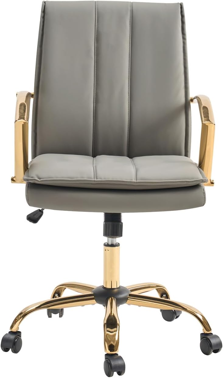 HULALA HOME Faux Leather Office Chair, Modern Adjustable Swivel Rocking Rolling Wheels Computer Desk Chair with Gold Legs and Arms, Upholstered Study Chair (Grey)
