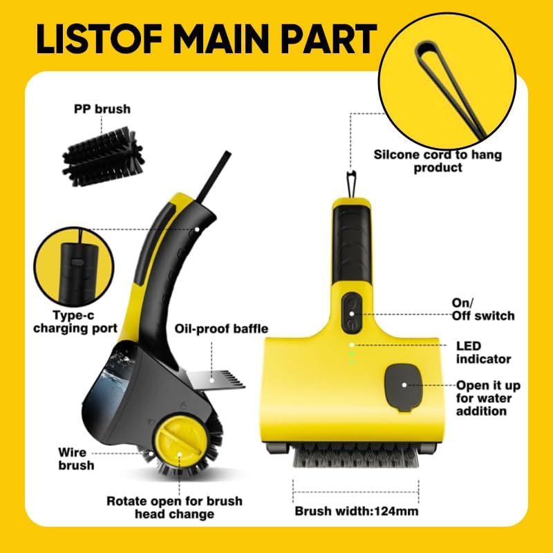 Cordless Electric Grill Cleaner - 360° Rotating BBQ Brush with Replacement Bristles, Safe for Charcoal Grates & All Grill Types, Fast & Efficient Cleaning Tool