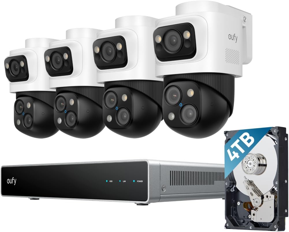 eufy 4K NVR Security Camera System S4 Max, 4TB HDD,Power Over Ethernet, Wired, 24/7 Recording, Triple Lens Bullet-PTZ Cam, 360° PTZ, Up to 16CH, Cross-Cam Tracking, 8× Auto Zoom, Smart Video Search