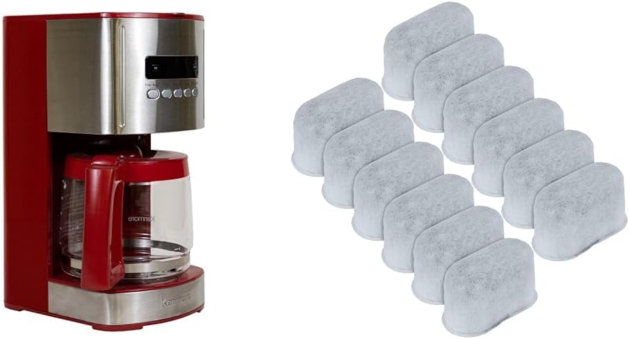 Kenmore Aroma Control 12 Cup Programmable Coffee Maker Red and Stainless Steel Drip Coffee Machine & Kenmore/Keurig/Cuisinart/Braun compatible replacement charcoal water filter 12 Pack pure