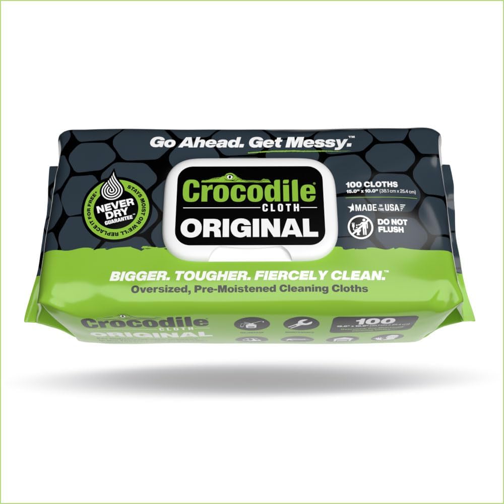 Crocodile Cloth Original Cleaning Wipes, Heavy-Duty Multi-Surface Hand & Tool Wipes, Water-Based, Safe on Skin, 600 Count (6 Packs of 100), 15 x 10 Inch