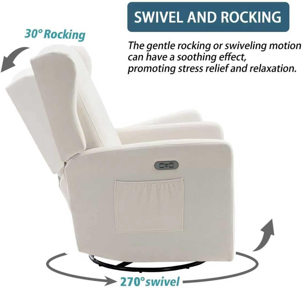 Ketaiyou Power Swivel Rocking Recliner Chair, High Back Electric Rocker Nursery Glider Chair, USB and Type-C Ports, Upholstered Fabric Reclining Single Sofa Chair for Living Room (Beige)