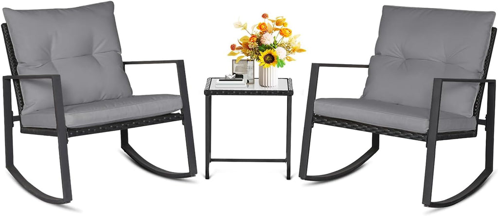 SUNCROWN 3 Piece Outdoor Rocking Bistro Set Black Wicker Furniture Porch Chairs Conversation Sets with Glass Coffee Table, Dark Grey