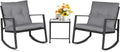 SUNCROWN 3 Piece Outdoor Rocking Bistro Set Black Wicker Furniture Porch Chairs Conversation Sets with Glass Coffee Table, Dark Grey