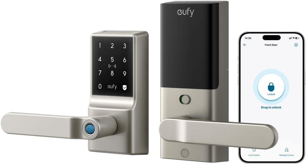 eufy Security Smart Lock C33, Keypad Door Lock with Handle, Fingerprint Door Knob, Keyless Entry Door Lock for Front Door and Bedrooms, Electronic Deadbolt, Wi-Fi, App Control, IP53 Waterproof, Nickel