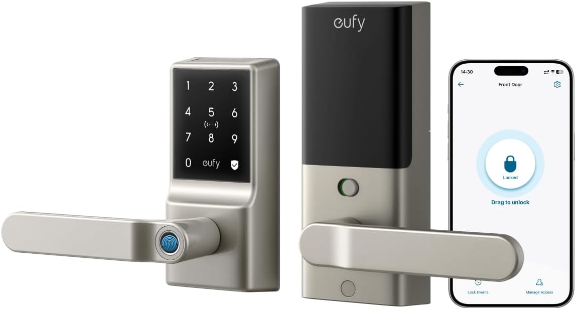 eufy Security Smart Lock C33, Keypad Door Lock with Handle, Fingerprint Door Knob, Keyless Entry Door Lock for Front Door and Bedrooms, Electronic Deadbolt, Wi-Fi, App Control, IP53 Waterproof, Nickel