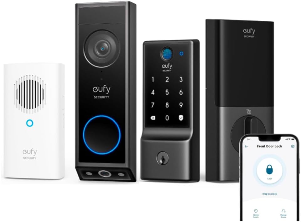 eufy Security Video Doorbell E340 (Battery Powered) with on Chime, Smart Lock C220, Dual Cameras with Delivery Guard, 2K Full HD and Color Night Vision, HomeBase S380 Compatible, No Monthly Fee