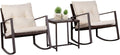 SUNCROWN 3-Piece Patio Bistro Set Outdoor Rocking Chairs Set Brown Wicker Porch Chairs with Glass Coffee Table, Beige Cushion