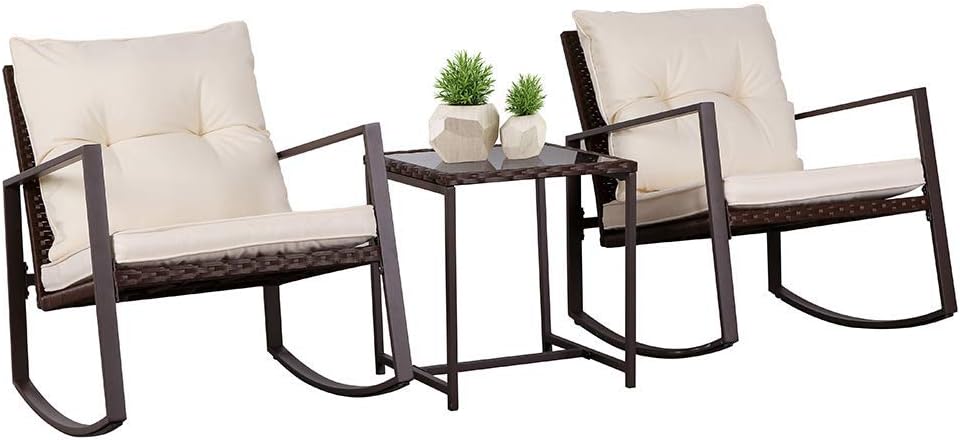 SUNCROWN 3-Piece Patio Bistro Set Outdoor Rocking Chairs Set Brown Wicker Porch Chairs with Glass Coffee Table, Beige Cushion