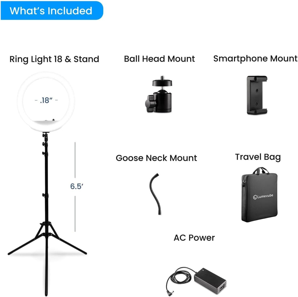 Lume Cube LED Ring Light for Videos, Selfies, Live Streaming |18' Circle Light with Stand, Phone Holder, and Camera Mount | Portable + 6.5 ft Tripod Stand and Travel Case | Battery Not Included