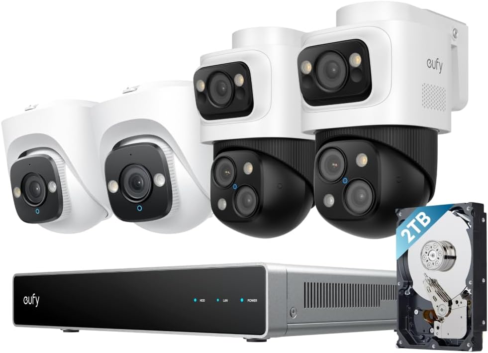 eufy PoE NVR Security Camera System S4, Power Over Ethernet, Wired, 24/7 Recording,Up to 16CH, 2TB HDD, 2 Bullet-PTZ Cams, 2 Turret Cams, 360° PTZ, AI Auto Framing & Tracking, Smart Video Search