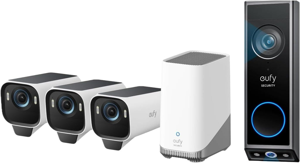 eufy Security eufyCam S3 Pro 3-Cam Kit + Video Doorbell E340, Solar Camera Outdoor Wireless, MaxColor Night Vision, 4K Security Camera with Solar Panel,Dual Cameras with Delivery Guard