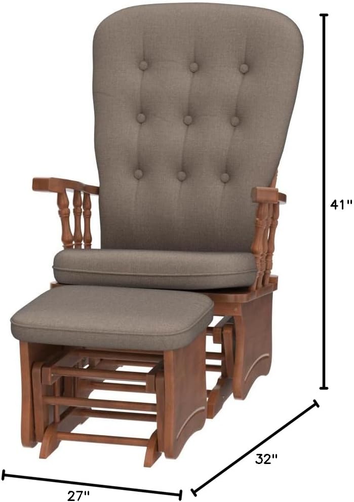 Anti-Pinch Nursery Glider Rocking Chair with Ottoman, Solid Rubber Wood Frame, Silent Smooth Gliding Design, Vintage Carved Armrest for Nursing, Living Room, Bedroom, Oak