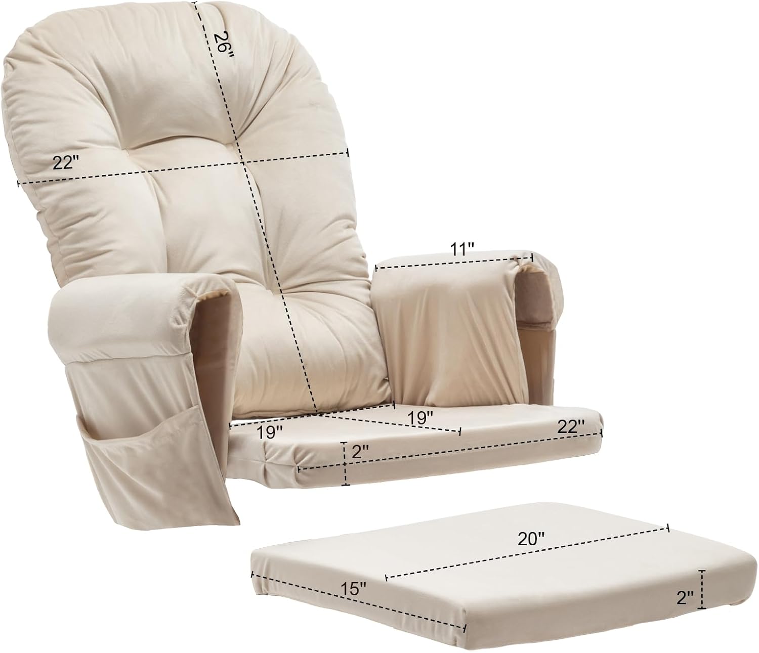 SyyBhb Glider Rocker Replacement Cushions with Storage Pocket, 5PCS, Soft Velvet Thickened, Washable Nonslip, Universal for Use in Glider Rocking Chair, Beige