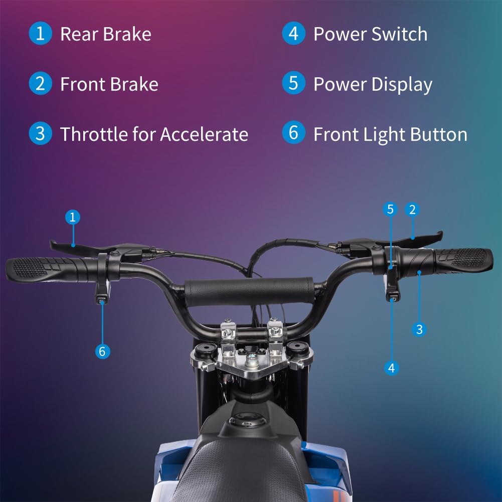 36V Electric Dirt Bike for Kids, Ride on Motorcycle 500W Brushed Motor Variable Speed to 15.5MPH with LED Headlight, Leather Seat,Chain-Driven for Teens Max Load 175lbs,Blue