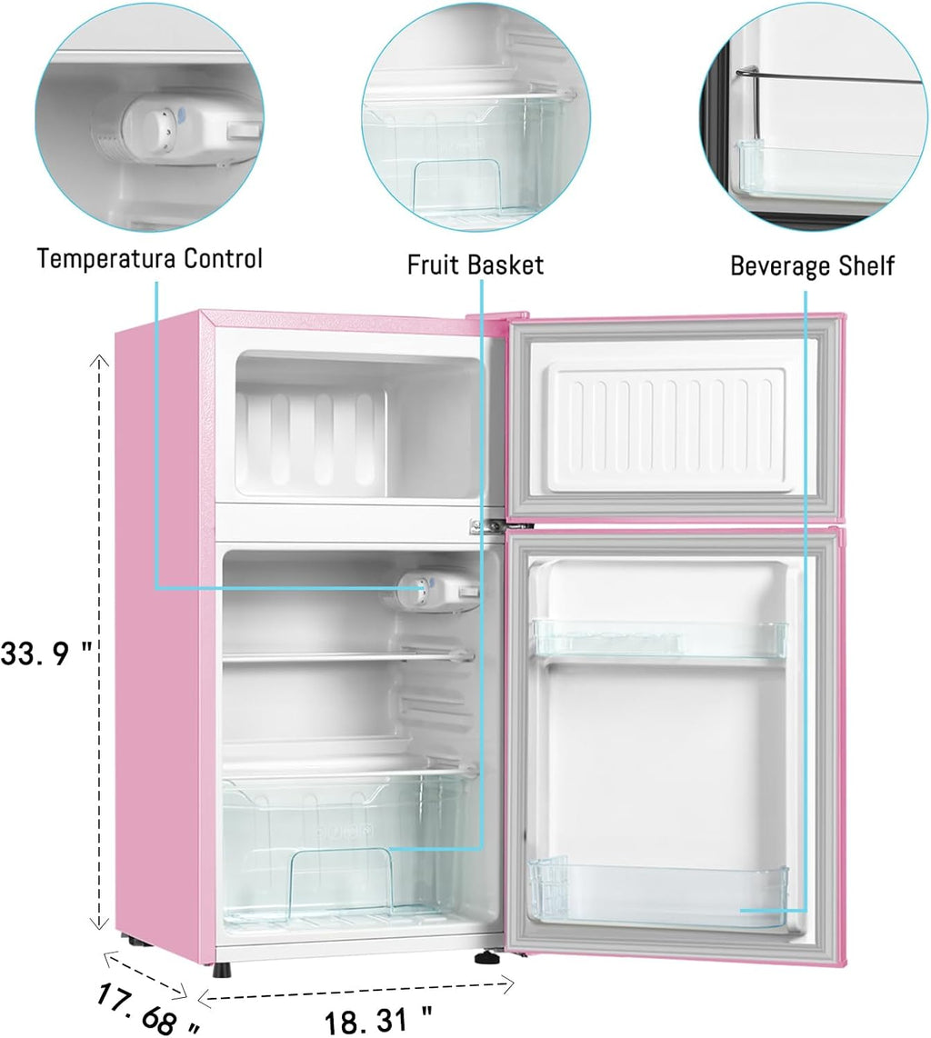 HAILANG Mini Fridge With Freezer,3.2 Cu.Ft Compact Refrigerator,Mini Refrigerator With 2 Doors For Bedroom,Office,Kitchen,Apartment,Dorm(pink)