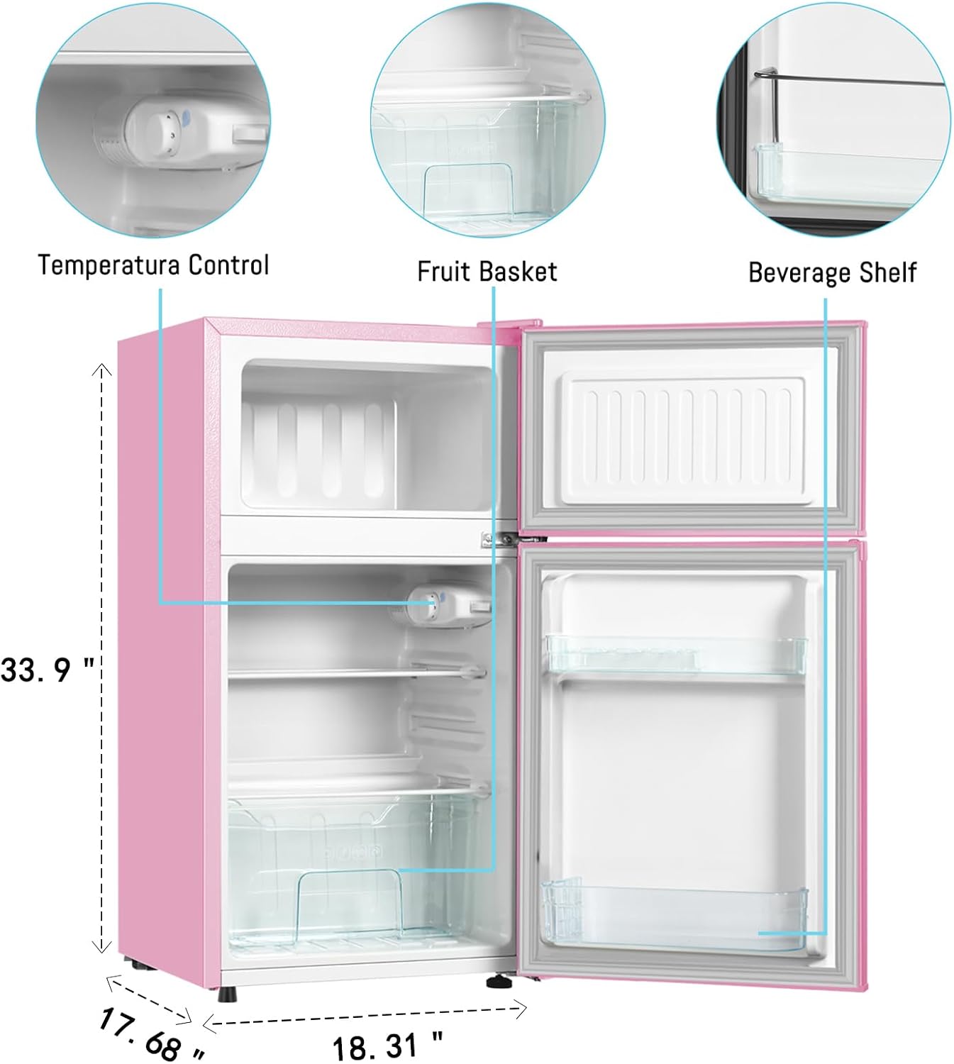 HAILANG Mini Fridge With Freezer,3.2 Cu.Ft Compact Refrigerator,Mini Refrigerator With 2 Doors For Bedroom,Office,Kitchen,Apartment,Dorm(pink)