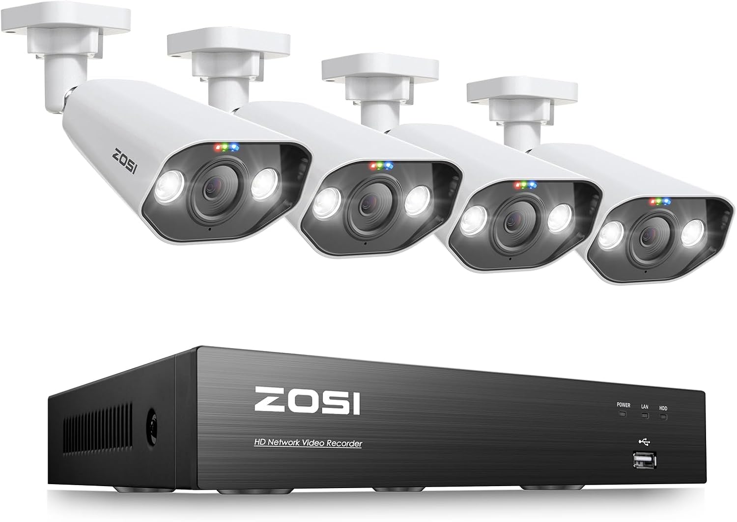 ZOSI 8-Channel 4K PoE Surveillance Camera System with 4 x 8MP Outdoor Security Bullet Cameras, Night Vision, Motion Detection, Remote Access, IP66 Waterproof, HDD Not Included