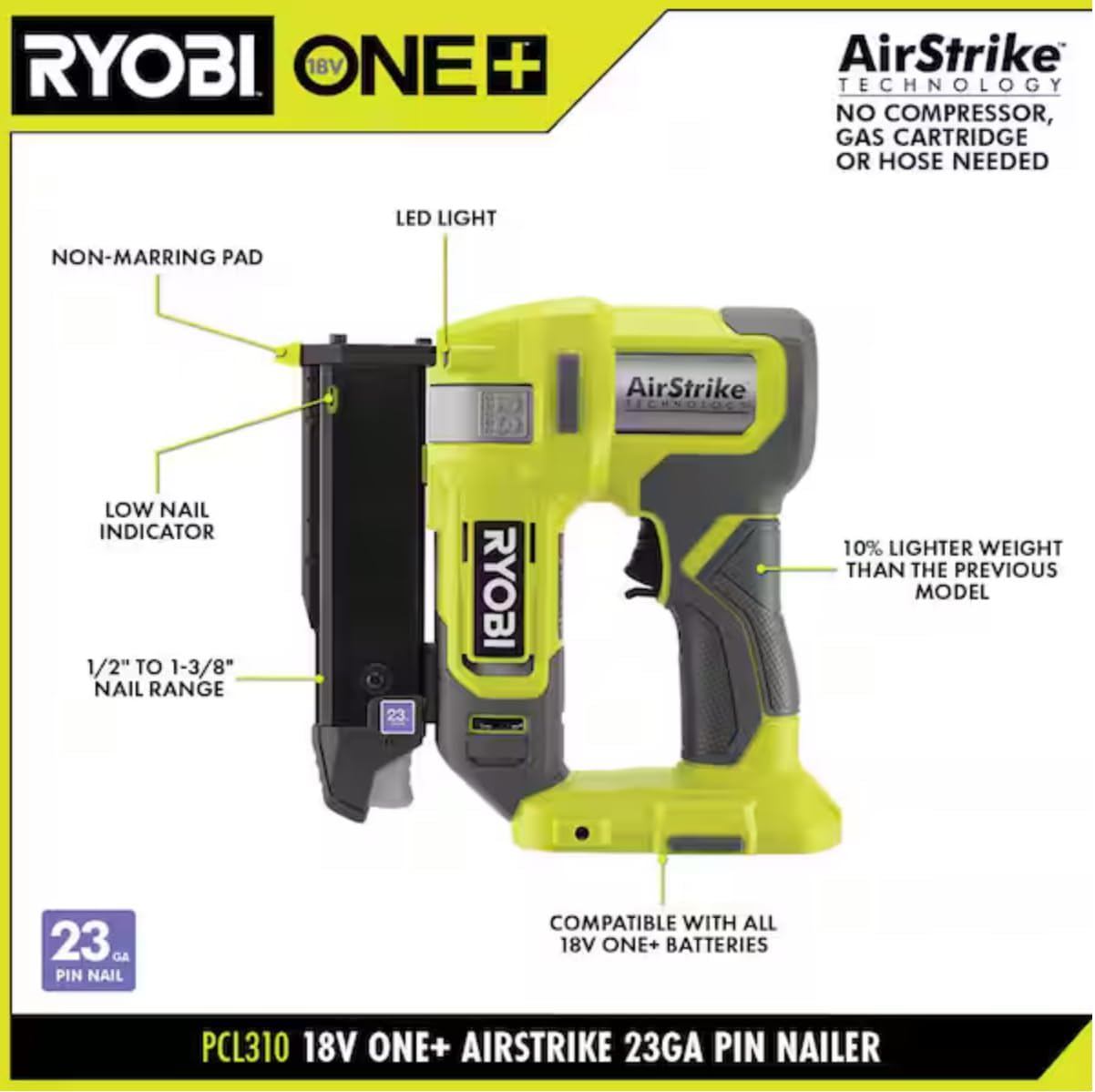 ONEAND 18V Cordless AIRSTRIKE 23-Gauge PIN Nailer Tool ONLY