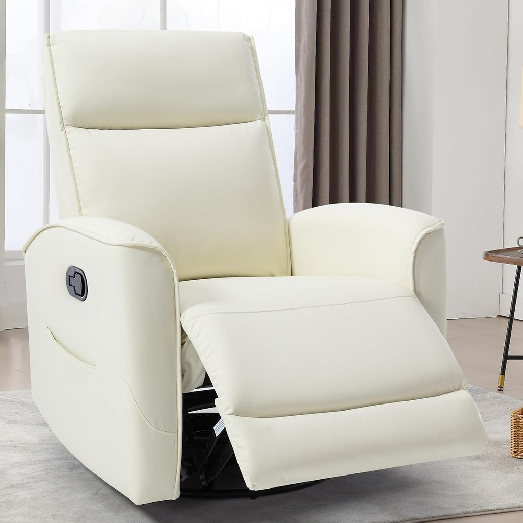 CANMOV Rocker Recliner Chair,360°Swivel Nursery Glider Recliner,Manual Recliner Sofa with Padded Armrest and Backrest,Leather Recliner for Small Spaces,Living Room,Bedroom (White)