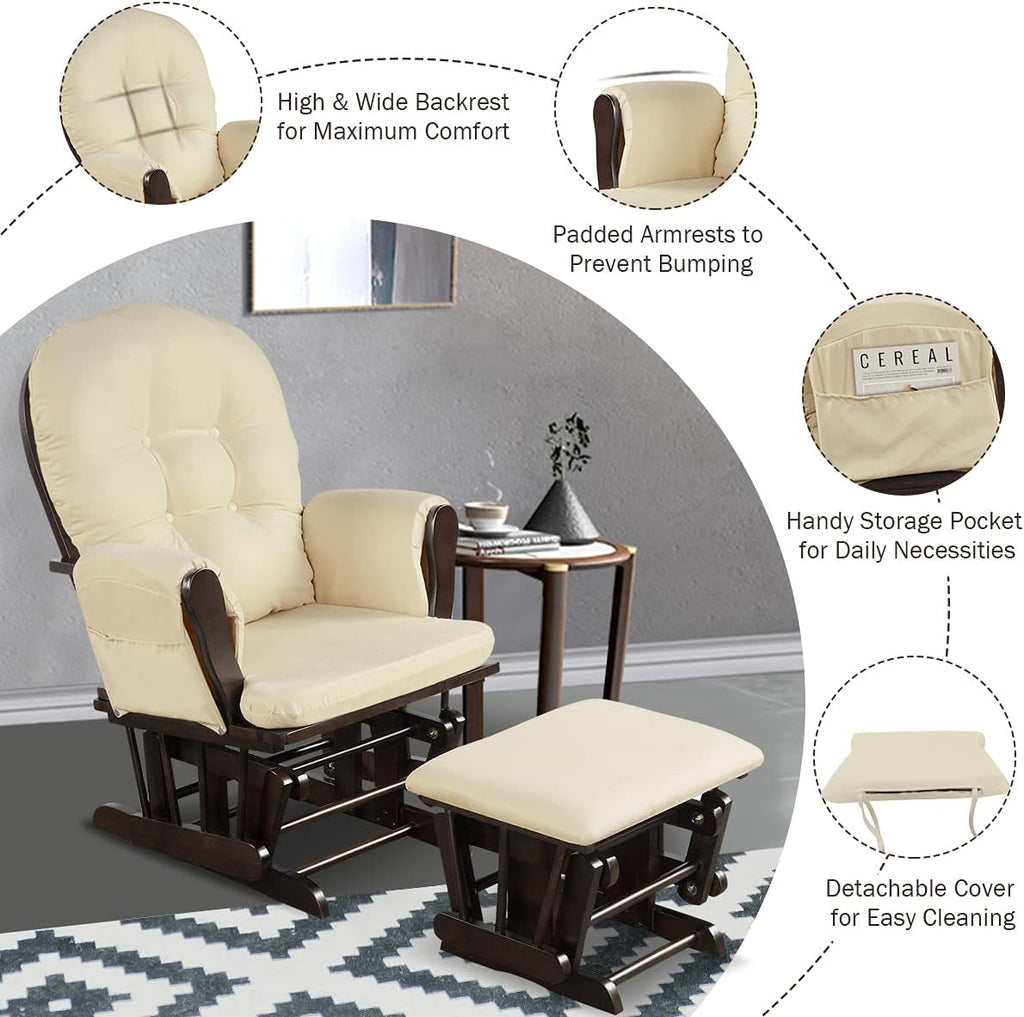 Costzon Glider and Ottoman Set, Wood Glider Rocker for Nursery, Upholstered Comfort Nursing Rocking Chair with Storage Pocket, Padded Armrests & Detachable Cushion, Easy to Assemble (Beige)