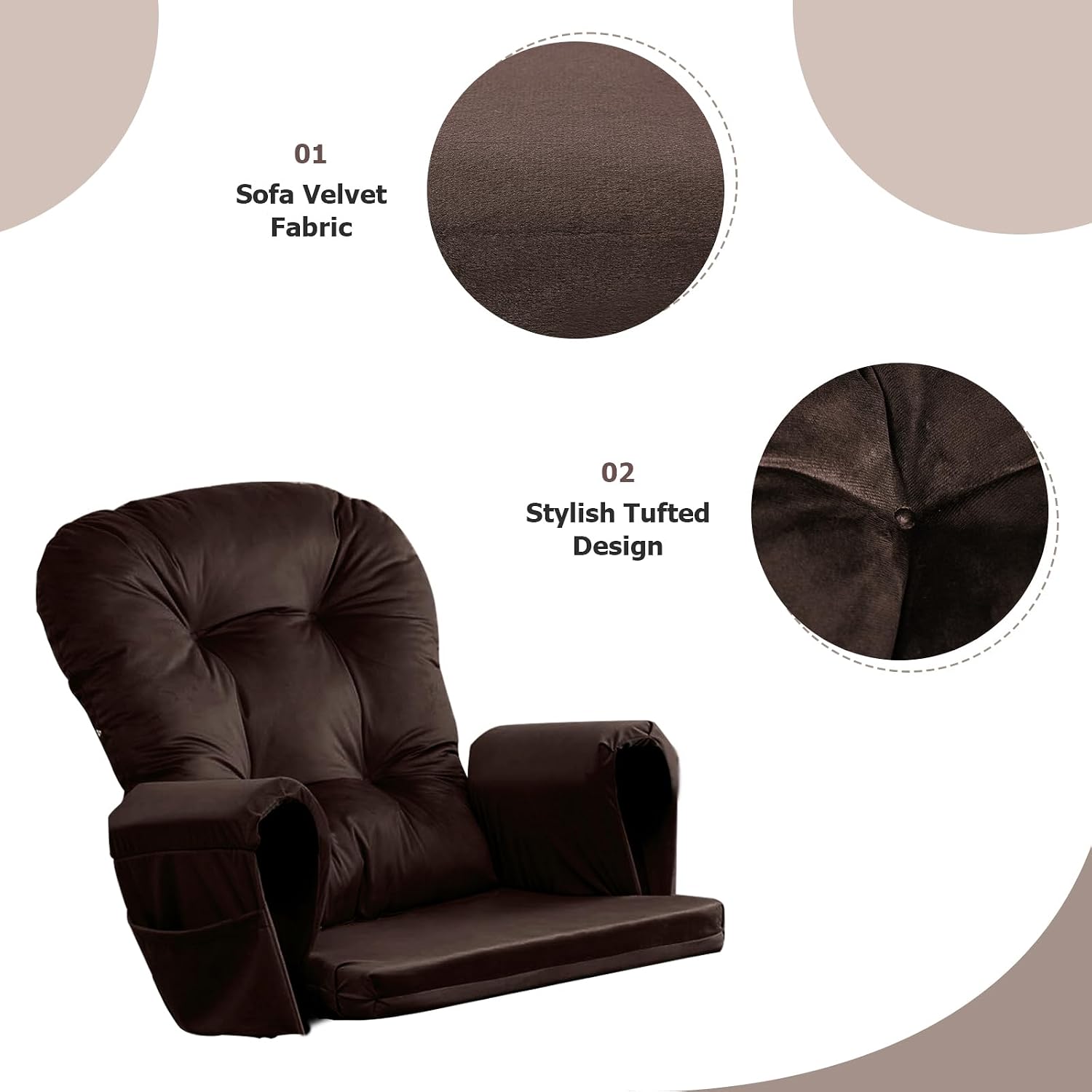 5PCS Glider Rocker Replacement Cushions Thick Soft Velvet Glider Cushions Replacement Set with Ottoman Cushion and Storage Pockets for Nursery Wooden Rocking Chair, Brown