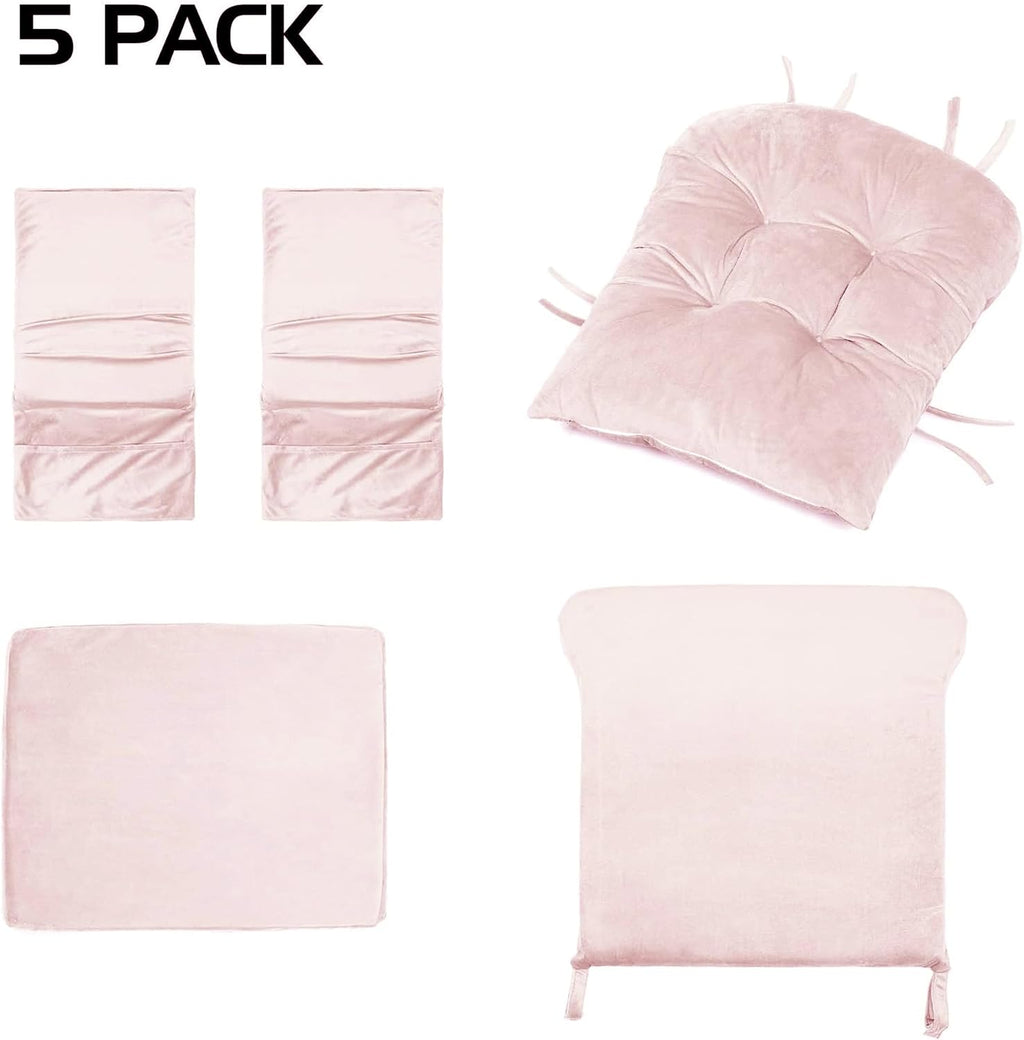 Lucky Monet 5Pcs Glider Rocker Replacement Cushions - Velvet Glider Cushions Replacement Set with Side Storage Pockets, Thick Chair Cushions Washable & Non Slip, Cushion ONLY - Pink