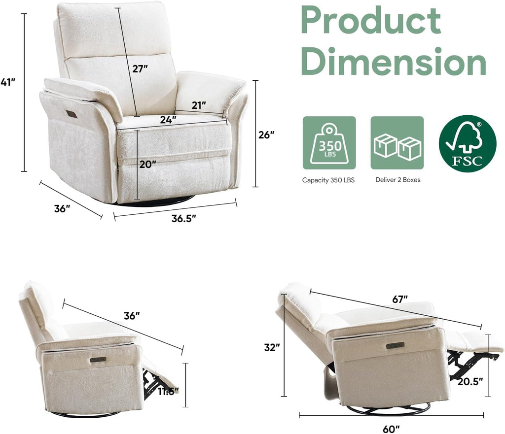 Power Nursery Rocking Chair with Massage and Heat,Swivel Rocker Recliner with Adjustable Headrest,Glider Recliner Nursery Chair for Breastfeeding,Nursery Rocker Recliner for Living Room,White