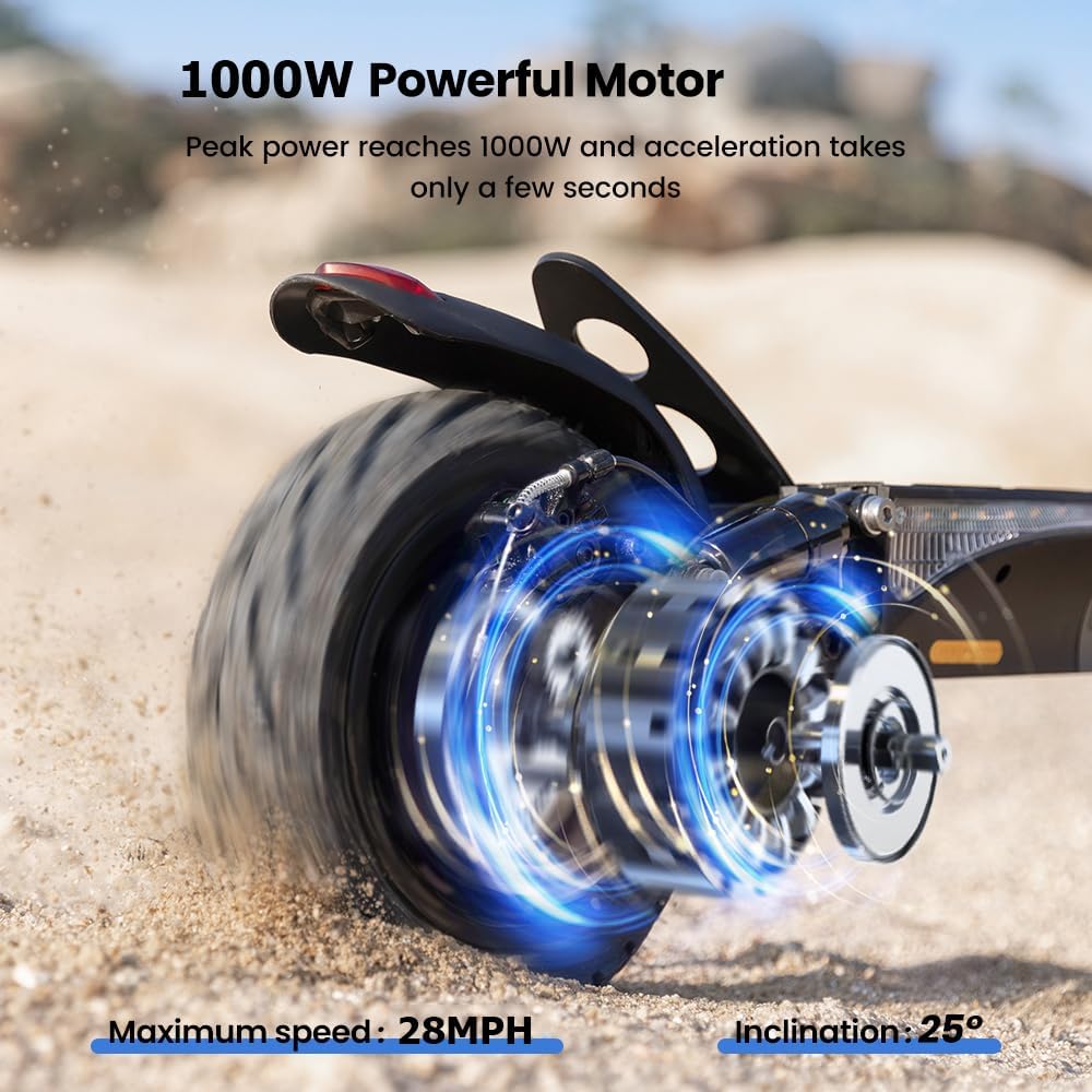 Electric Scooter, 28/22 Miles Range, 28/23 MPH Speed, 10' Tire, 1000/500W Powerful Motor, Disc Brake & Smart APP, with Lights, Portable Foldable Commuting Electric Scooter for Adults and Teens