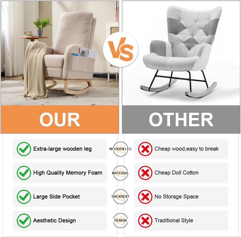 Rocking Chair Nursery with Foot Rest, Sherpa Nursing Rocking for Mom Nursery Rocker Chair with High Straight Backrest, Armchair Rocker Glider with Side Pocket for Living Room, Bedroom, Teddy Begie