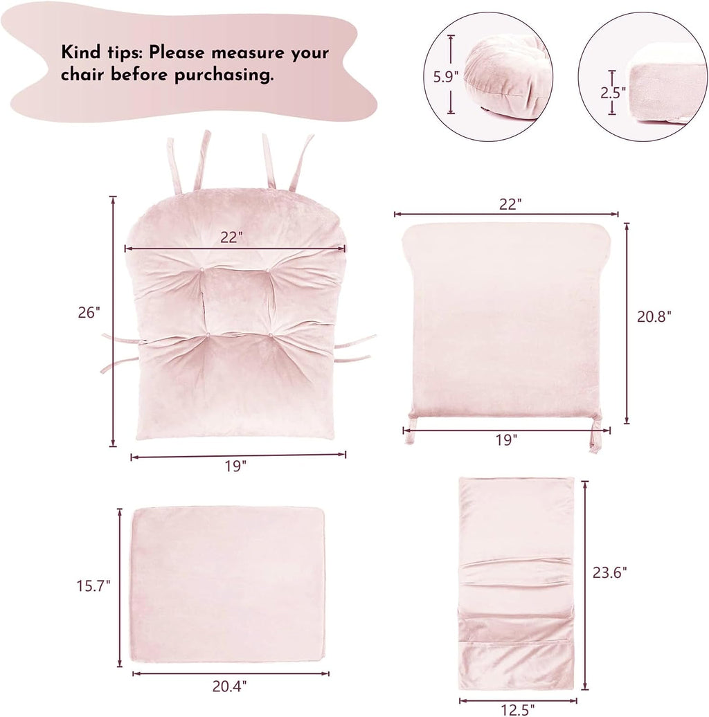 Lucky Monet 5Pcs Glider Rocker Replacement Cushions - Velvet Glider Cushions Replacement Set with Side Storage Pockets, Thick Chair Cushions Washable & Non Slip, Cushion ONLY - Pink