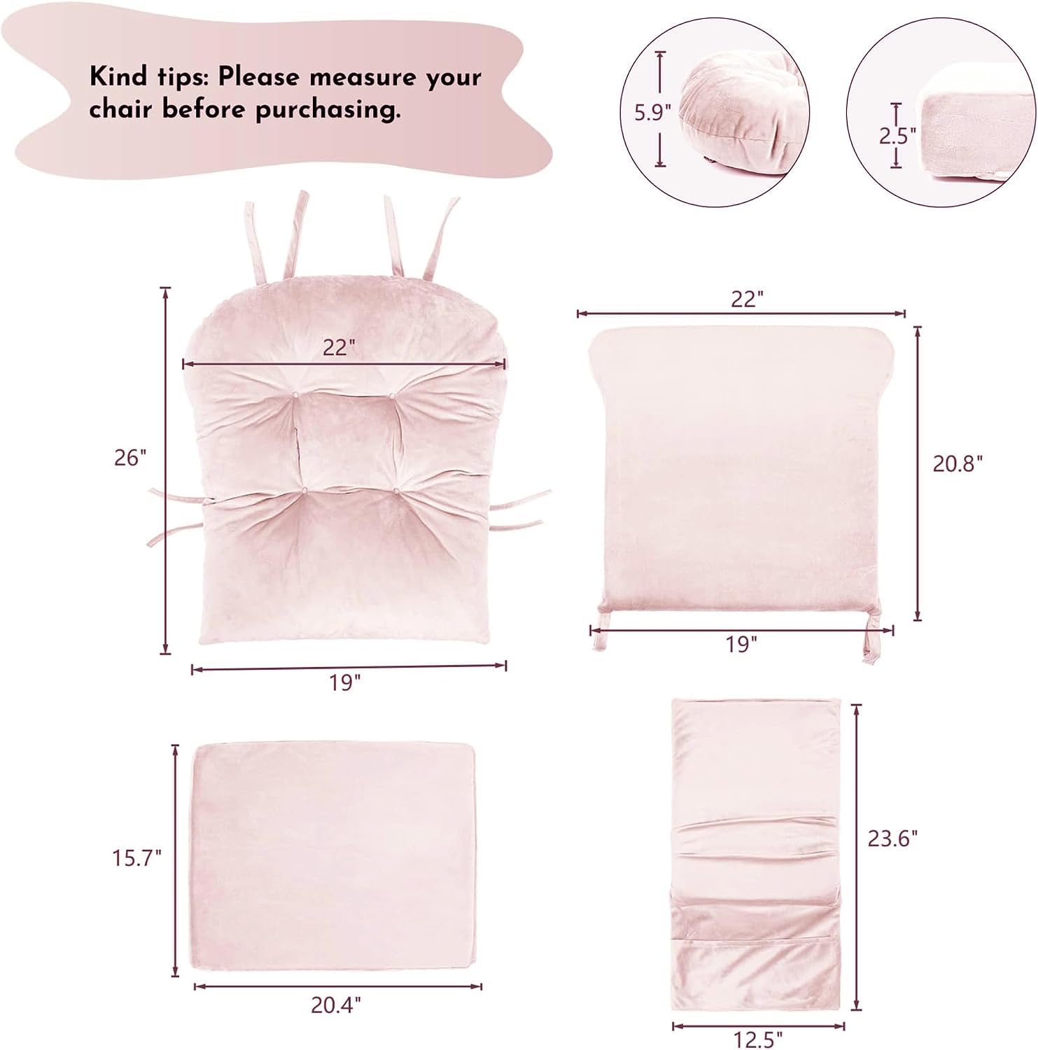 Lucky Monet 5Pcs Glider Rocker Replacement Cushions - Velvet Glider Cushions Replacement Set with Side Storage Pockets, Thick Chair Cushions Washable & Non Slip, Cushion ONLY - Pink