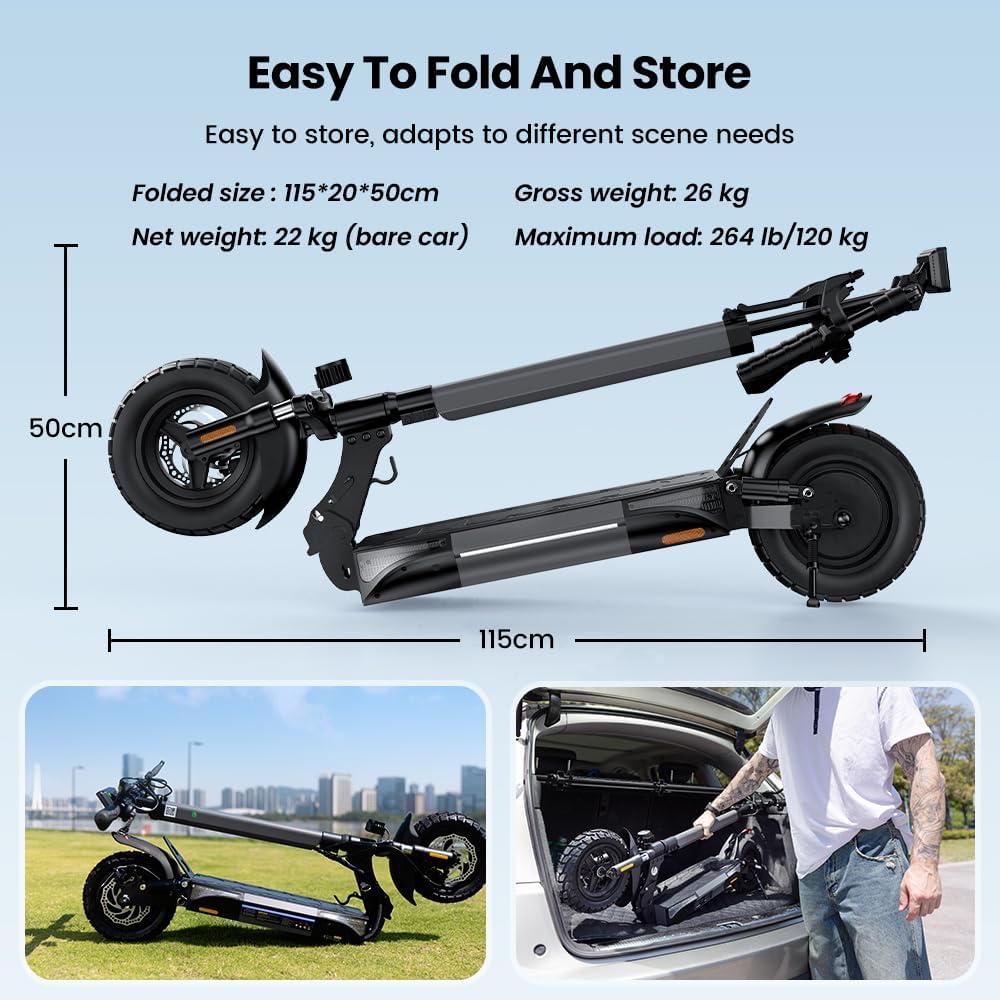 Electric Scooter, 28/22 Miles Range, 28/23 MPH Speed, 10' Tire, 1000/500W Powerful Motor, Disc Brake & Smart APP, with Lights, Portable Foldable Commuting Electric Scooter for Adults and Teens