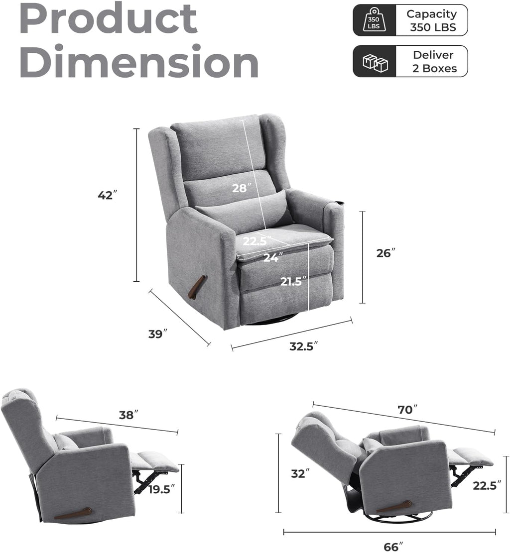 Large Glider Rocker Recliner,Rocking Chair Nursery with Adjustable Headrest,Swivel Rocker Recliner with Lumbar Support,Manual Nursery Rocker Recliner for Living Room& Bedroom,Grey