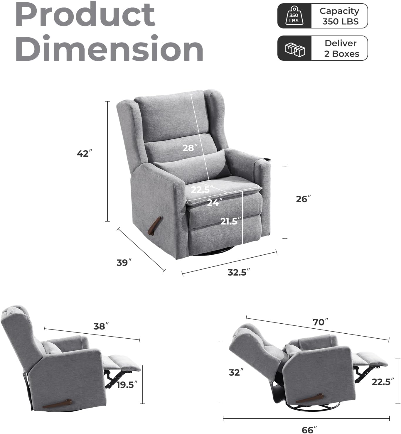 Large Glider Rocker Recliner,Rocking Chair Nursery with Adjustable Headrest,Swivel Rocker Recliner with Lumbar Support,Manual Nursery Rocker Recliner for Living Room& Bedroom,Grey
