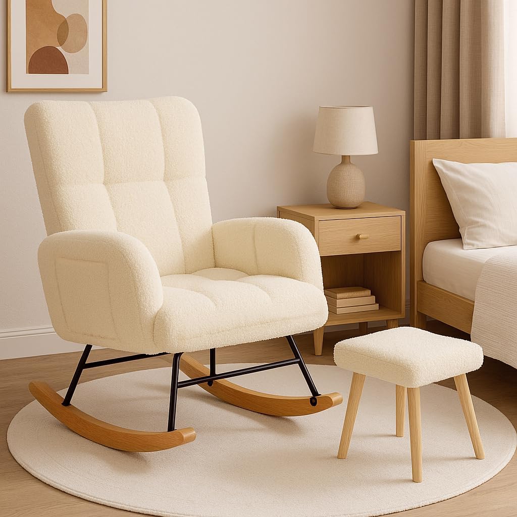 COMHOMA Nursery Rocking Chair with Ottoman,Teddy Glider Rocking Chair,Accent Chair with High Backrest Reading Chair for Adult,Nursery,Bedroom,Living Room,Offices(Beige with Ottoman)