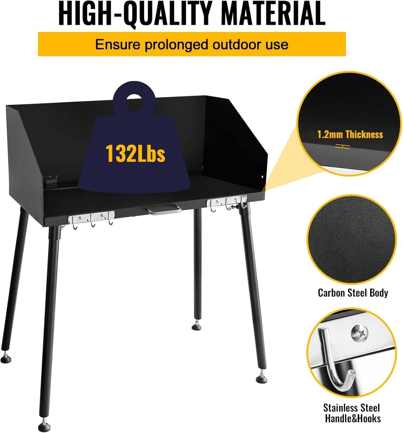 Carbon Steel Dutch Oven Camp Cooking Table with Three-Sided Windscreen and Four Legs for Grill Travel, Outdoor Picnic, Beach, BBQ, Backyards,38x16