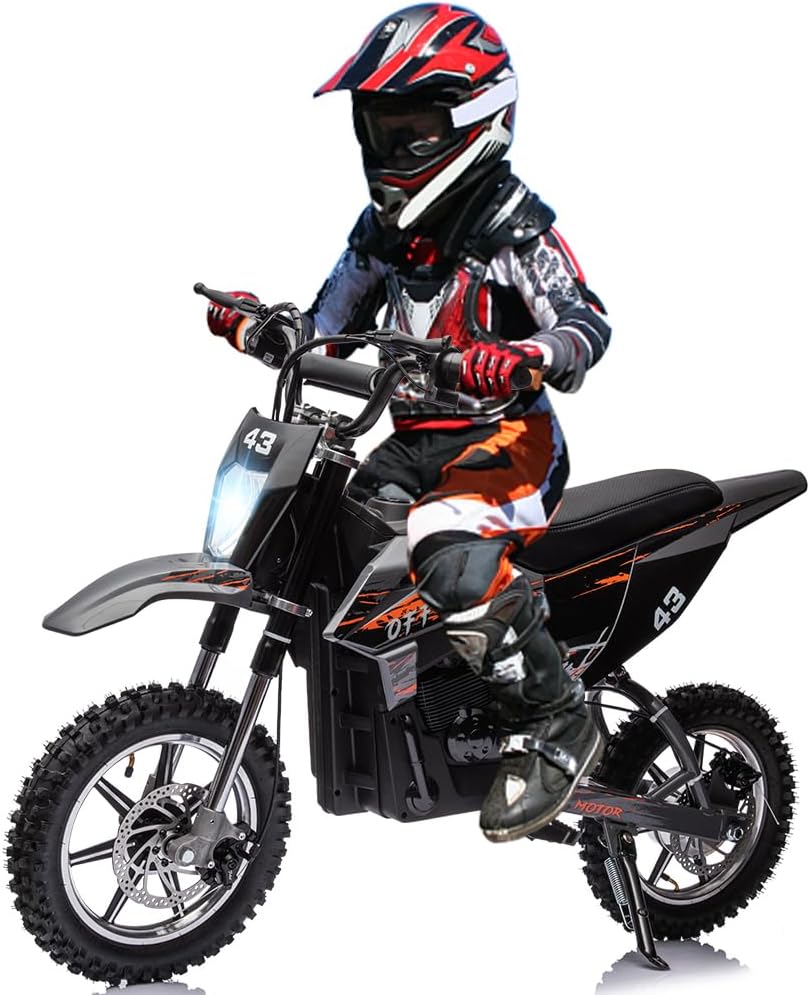 36V Electric Dirt Bike for Kids, Ride on Motorcycle 350W Brushless Motor Fast Speed 15.5MPH with LED Headlight, Leather Seat,Front+Back Brake for Teens Max Load 175lbs,Black