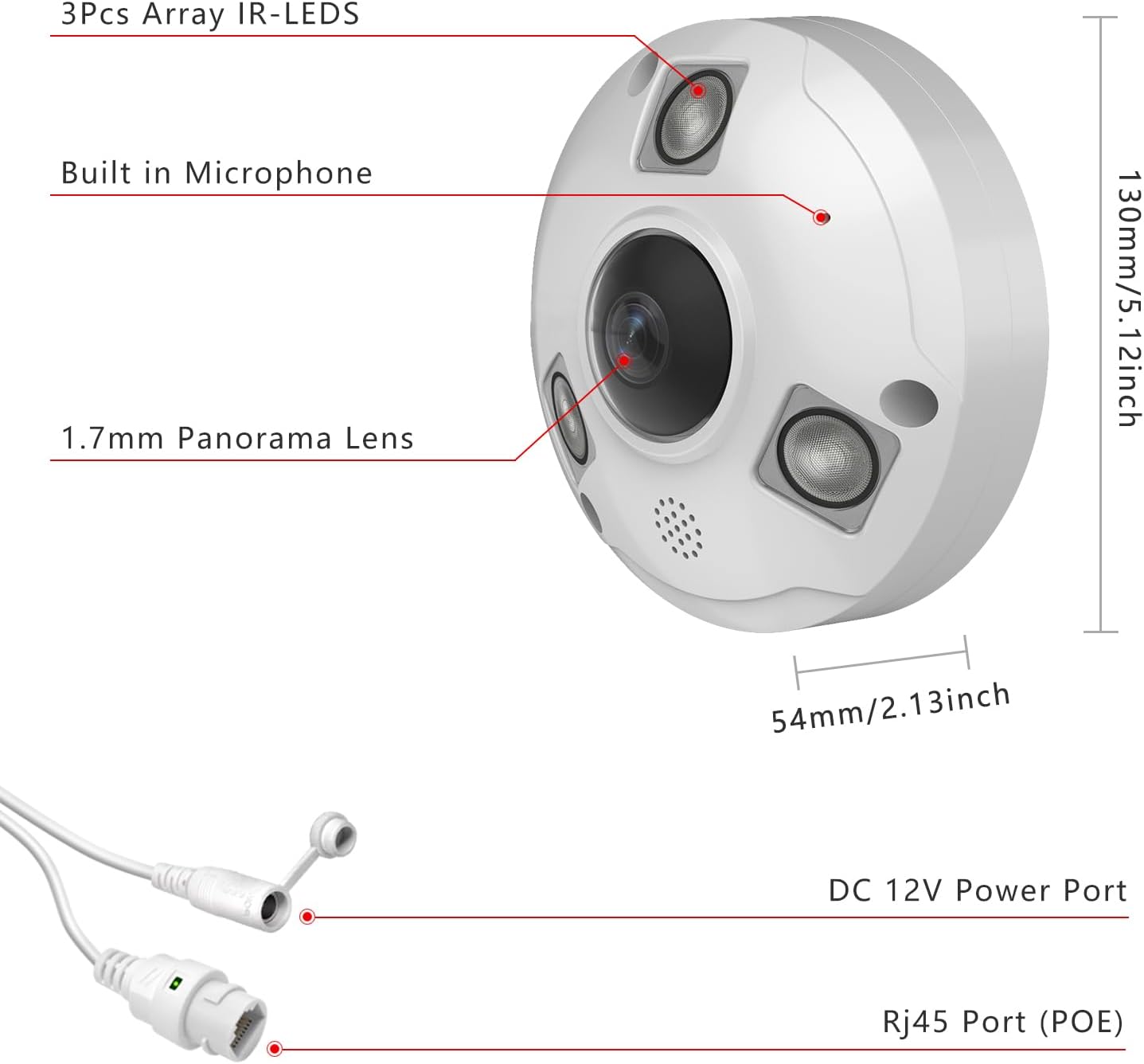 4K POE IP Fisheye Camera, 1.7mm Lens, 49ft Infrared, WDR, Metal housing, IP66 Water-Proof Indoor&Outdoor Panoramic Security Camera(Compatible with Hikvision/Dahua NVRs)