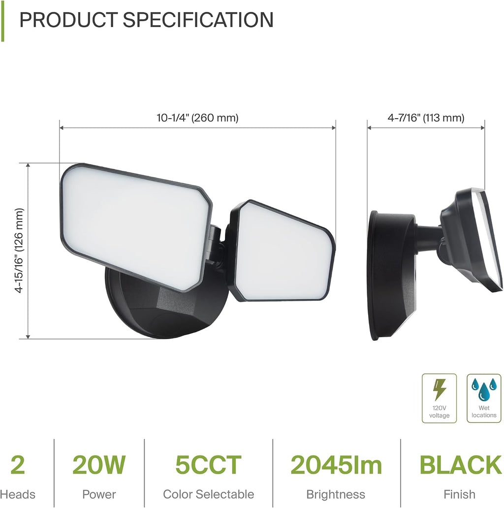 ASD LED Security Flood Lights Outdoor, 20W 5CCT 2700K-5000K, Rotatable Heads, Wired Flood Light, 150° Side-to-Side, 180° Up and Down, IP65 Wet Locations, UL DLC, 145000 hr Lifespan, Black, 8 Pack