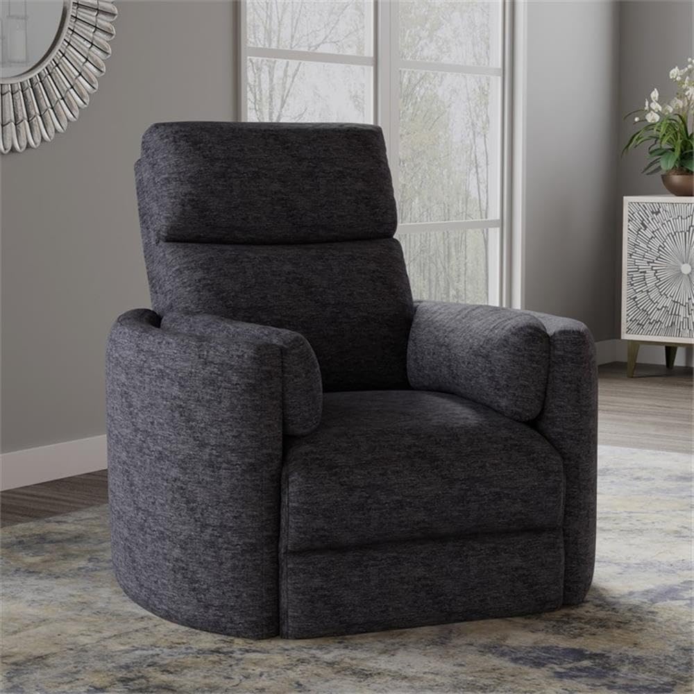 Pemberly Row Polyester Fabric Power Swivel Glider Recliner in Black with USB Charging Ports and 2 Comfort Pillows for Living Room