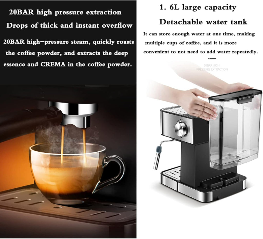Coffee Machine 20 Bar Pump Espresso and Cappuccino Machine Italian Coffee Machine Household Small Semi-Automatic High Pressure Steam Milk Froth Coffee Machine, Stainless Steel Wire Drawing Body