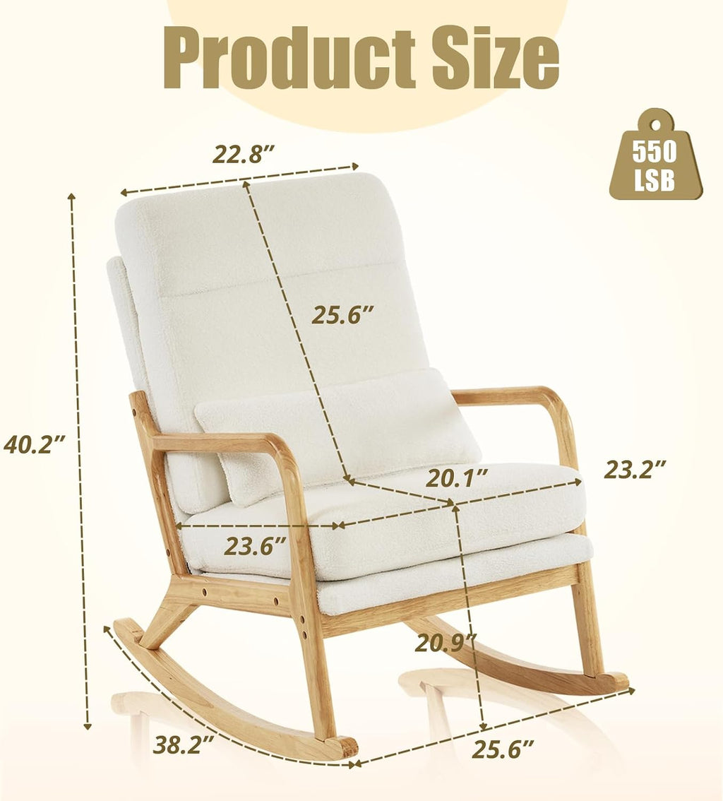 Karl home Nursery Rocking Chair Removable Glider Rocker High Backrest Rocking Armchair Mid-Century Accent Chair with Lumber Pillow for Bedroom, Living Room, Nursery, Creamy-White